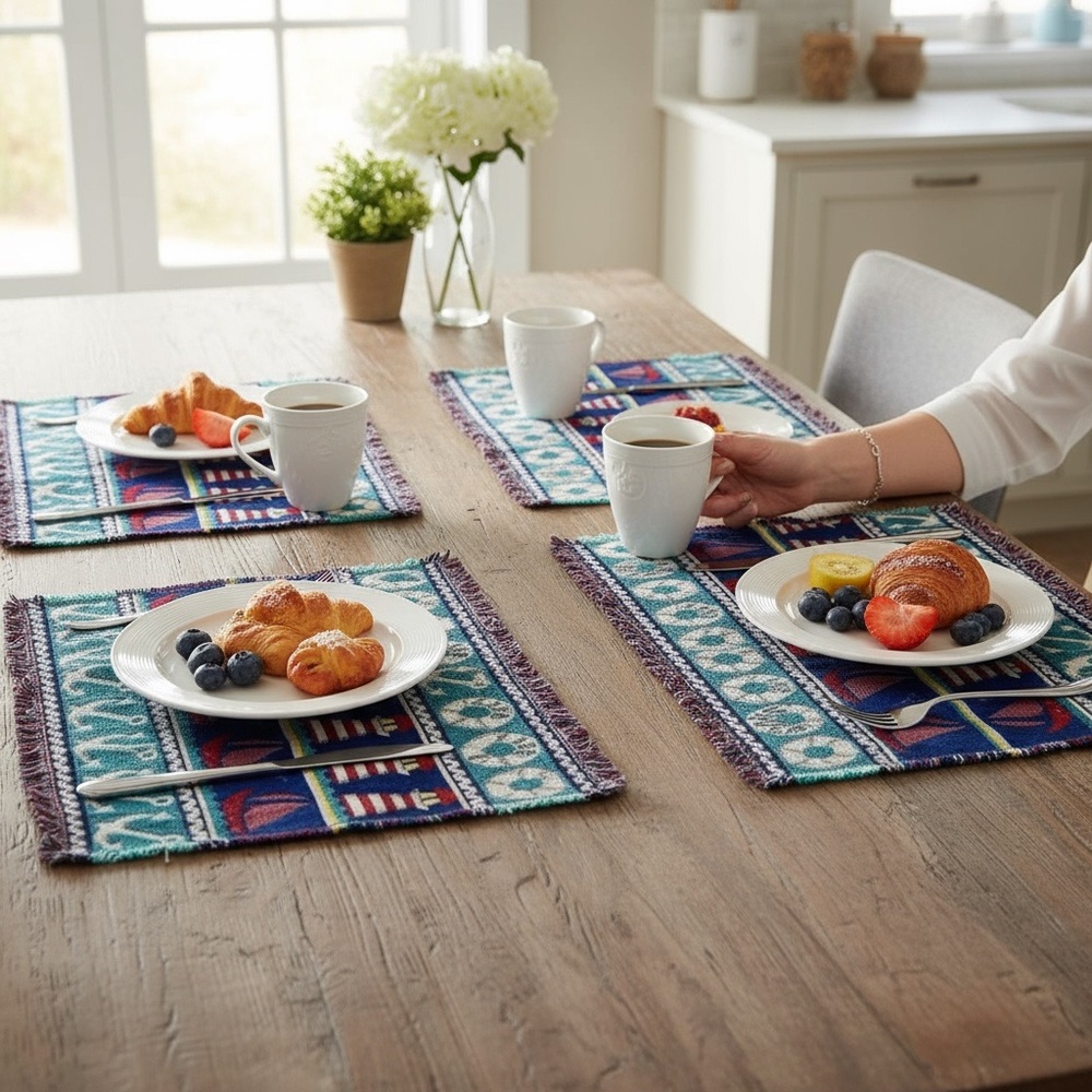 Set Of 4 Nautical Woven Placemats Sailboats Lighthouses Beach Cottage Blue Red